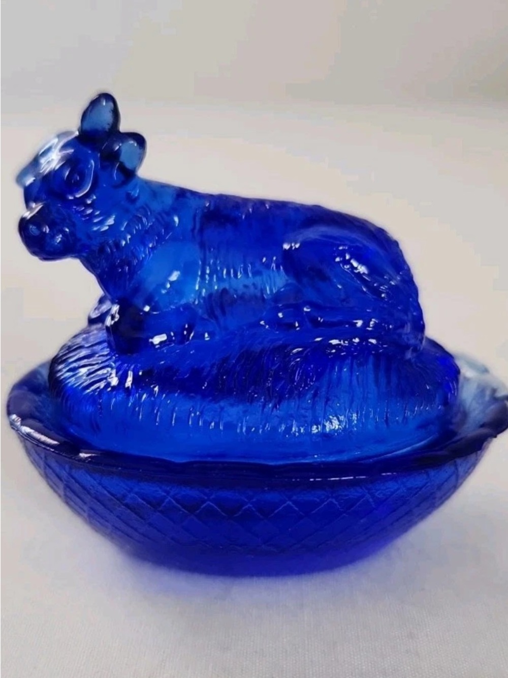 Cobalt Blue Glass Cow on Nest Dish
